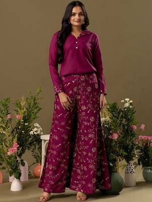 burgundy Embroidered Shirt Collar Top And Trouser 4