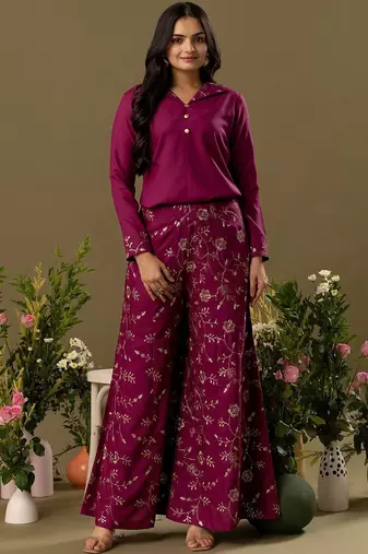 burgundy Embroidered Shirt Collar Top And Trouser