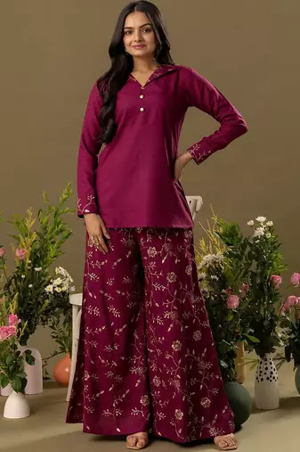 burgundy Embroidered Shirt Collar Top And Trouser