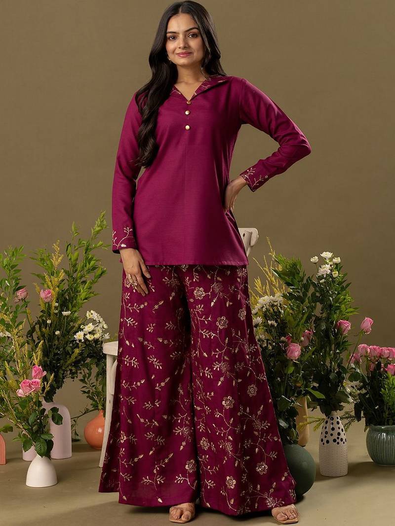 burgundy Embroidered Shirt Collar Top And Trouser