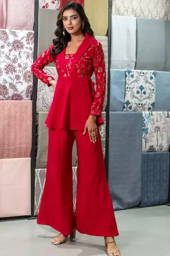 Floral Embroidered Shawl Neck Tunic With Palazzos