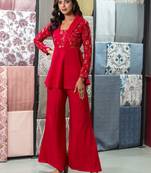 Floral Embroidered Shawl Neck Tunic With Palazzos