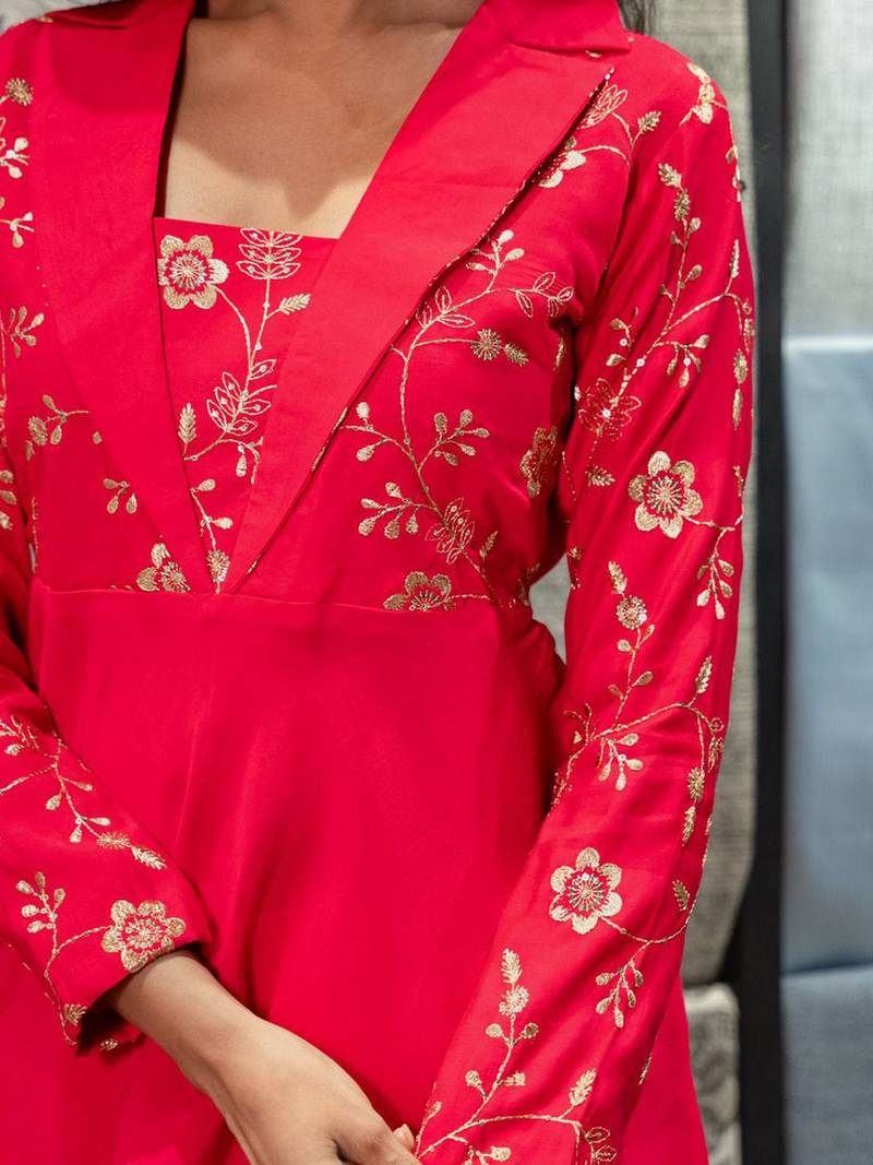 Floral Embroidered Shawl Neck Tunic With Palazzos