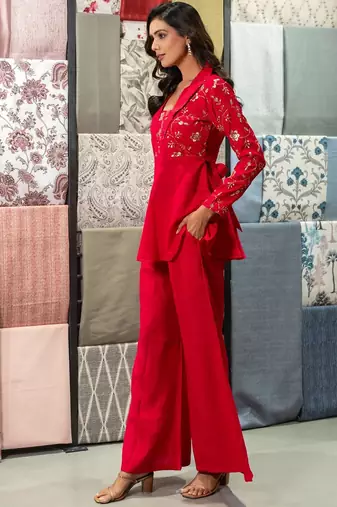 Floral Embroidered Shawl Neck Tunic With Palazzos