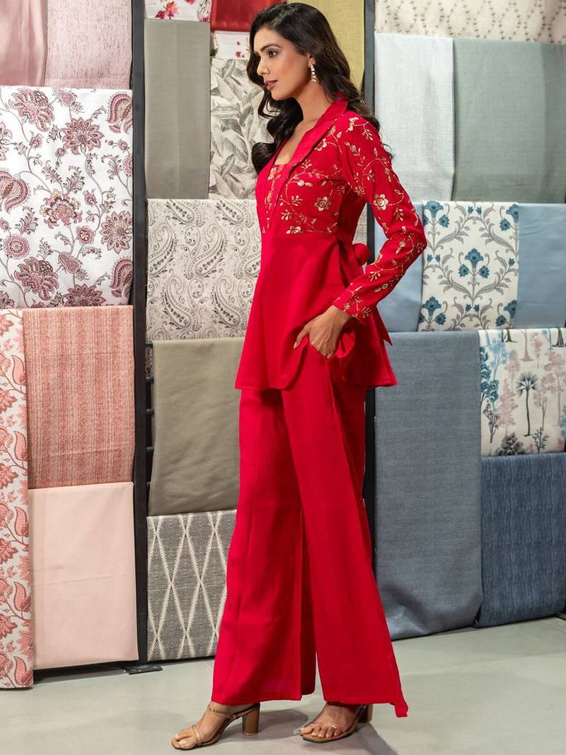 Floral Embroidered Shawl Neck Tunic With Palazzos