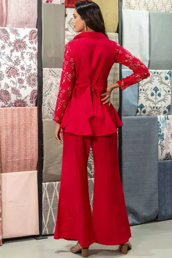 Floral Embroidered Shawl Neck Tunic With Palazzos