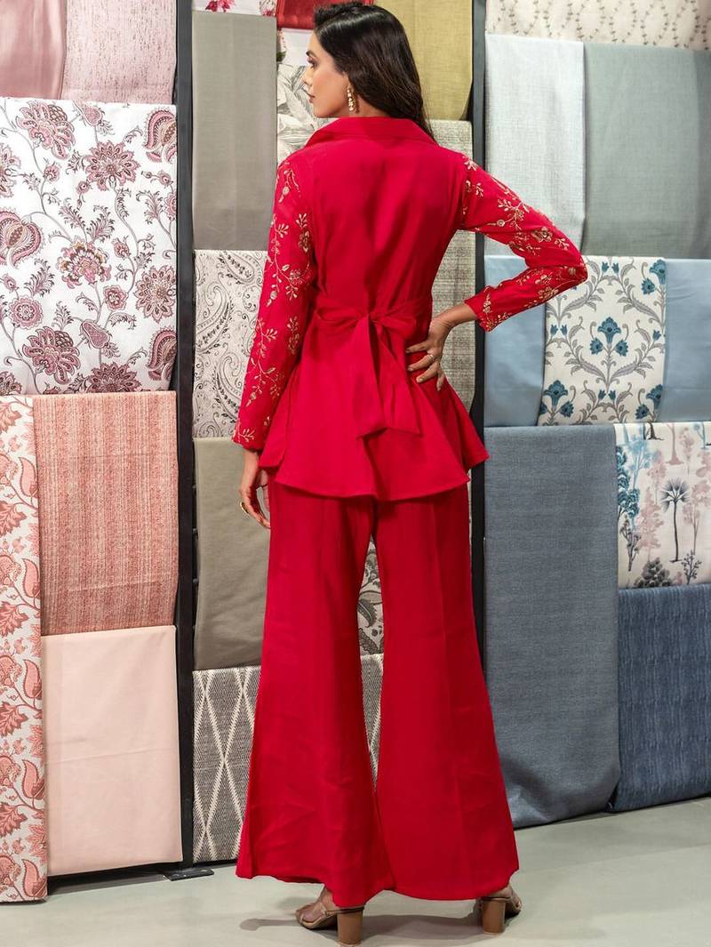 Floral Embroidered Shawl Neck Tunic With Palazzos