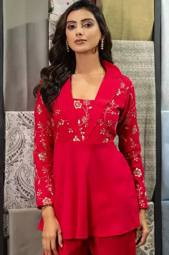 Floral Embroidered Shawl Neck Tunic With Palazzos