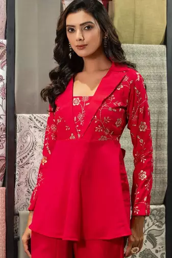 Floral Embroidered Shawl Neck Tunic With Palazzos