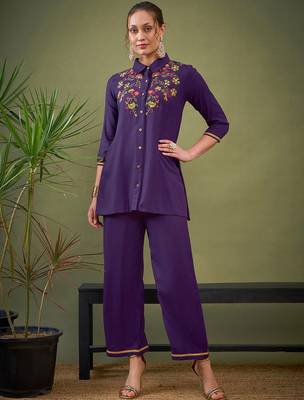 Purple Embroidered Shirt With Palazzos 1
