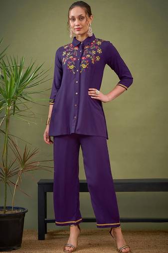 Purple Embroidered Shirt With Palazzos
