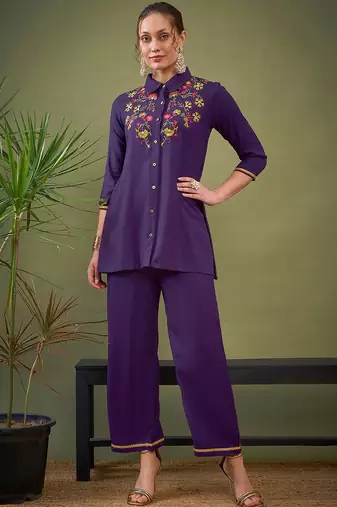 Purple Embroidered Shirt With Palazzos