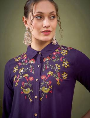Purple Embroidered Shirt With Palazzos 2