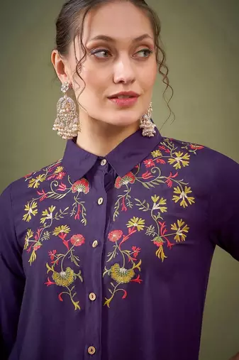 Purple Embroidered Shirt With Palazzos