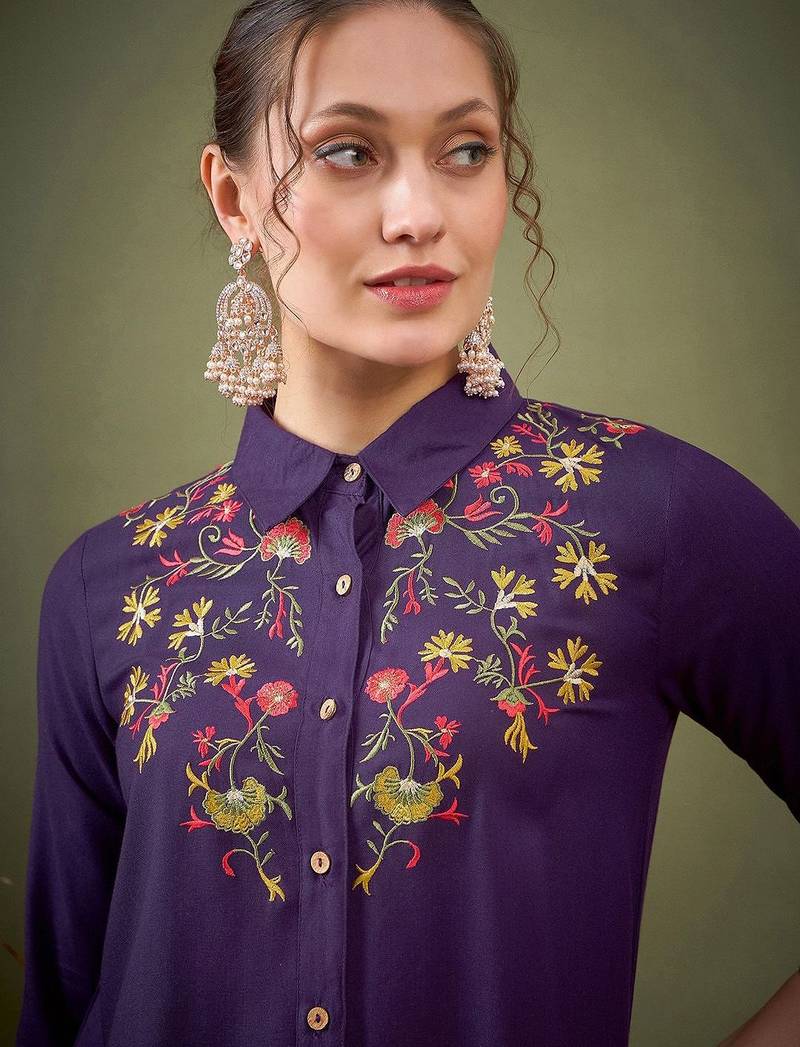Purple Embroidered Shirt With Palazzos