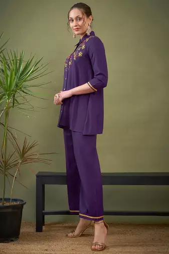 Purple Embroidered Shirt With Palazzos