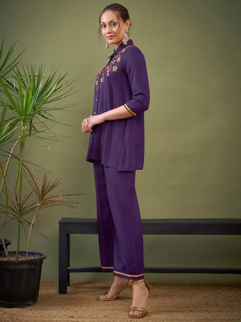 Purple Embroidered Shirt With Palazzos