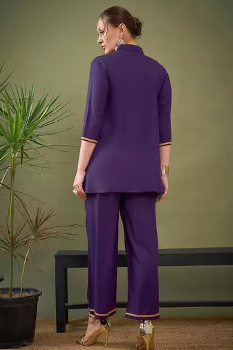 Purple Embroidered Shirt With Palazzos