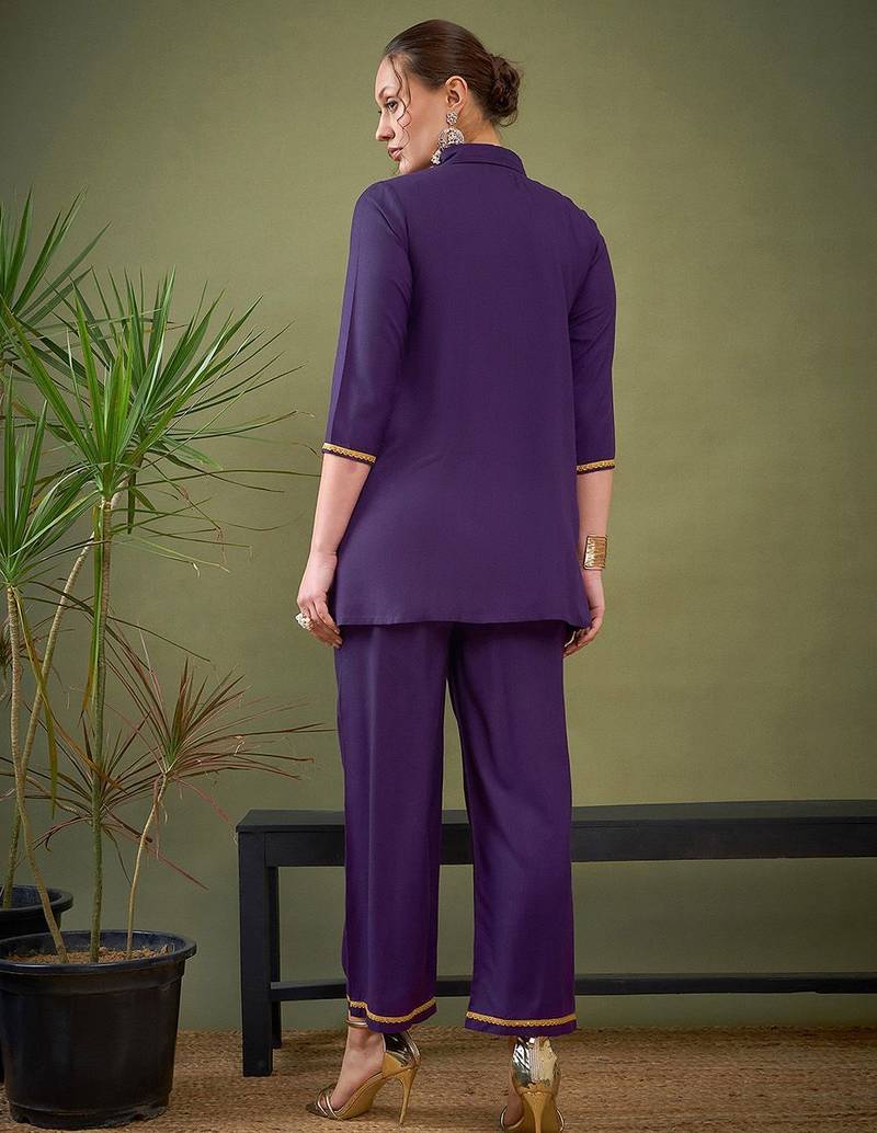 Purple Embroidered Shirt With Palazzos
