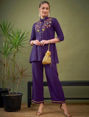 Purple Embroidered Shirt With Palazzos 6