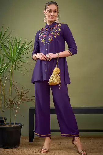 Purple Embroidered Shirt With Palazzos