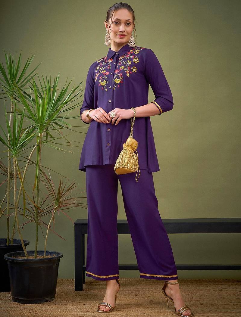Purple Embroidered Shirt With Palazzos