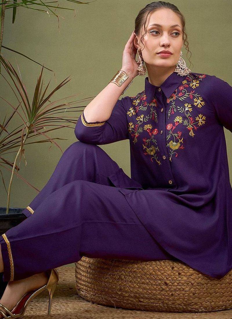 Purple Embroidered Shirt With Palazzos