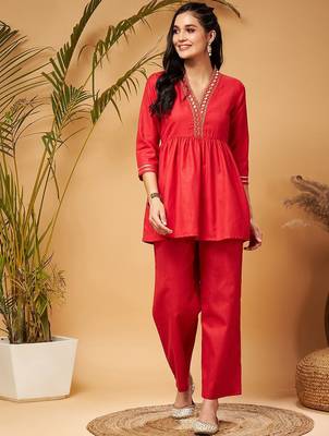 Red Embellished Gathered Tunic With Palazzos 1