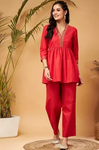 Red Embellished Gathered Tunic With Palazzos