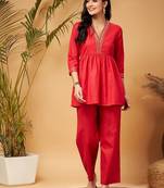 Red Embellished Gathered Tunic With Palazzos
