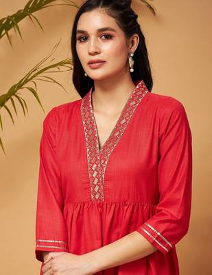 Red Embellished Gathered Tunic With Palazzos 2