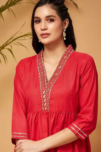 Red Embellished Gathered Tunic With Palazzos