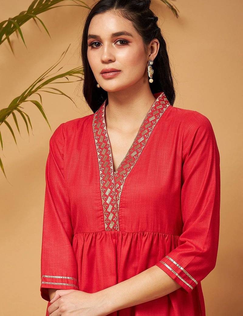 Red Embellished Gathered Tunic With Palazzos