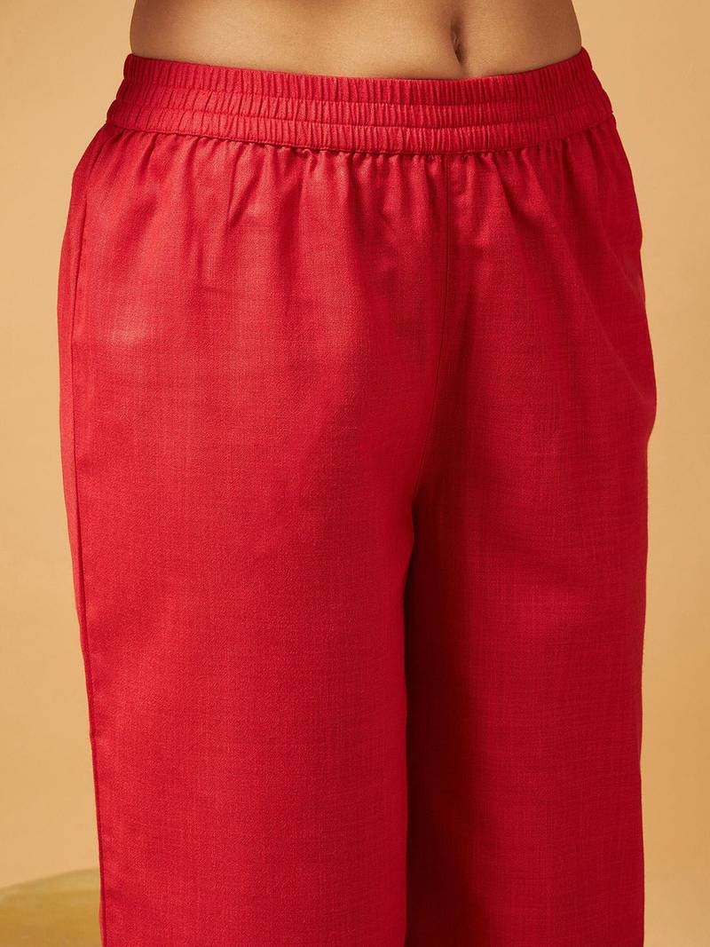 Red Embellished Gathered Tunic With Palazzos
