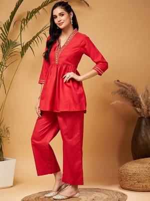 Red Embellished Gathered Tunic With Palazzos 4