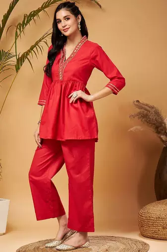 Red Embellished Gathered Tunic With Palazzos