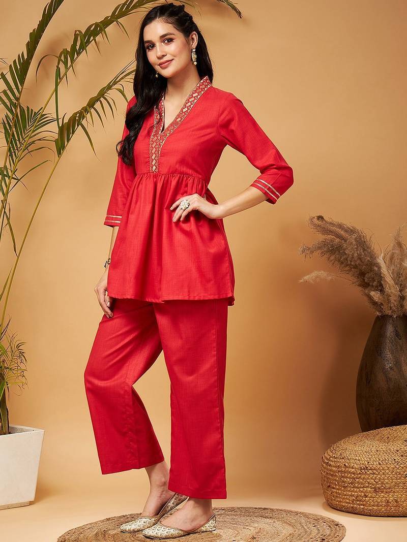 Red Embellished Gathered Tunic With Palazzos