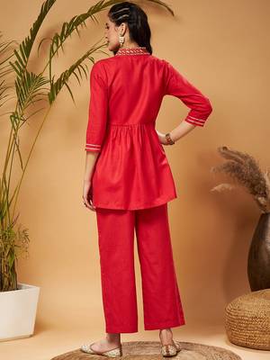 Red Embellished Gathered Tunic With Palazzos 5