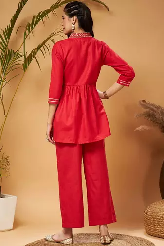 Red Embellished Gathered Tunic With Palazzos