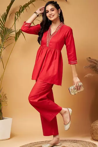 Red Embellished Gathered Tunic With Palazzos