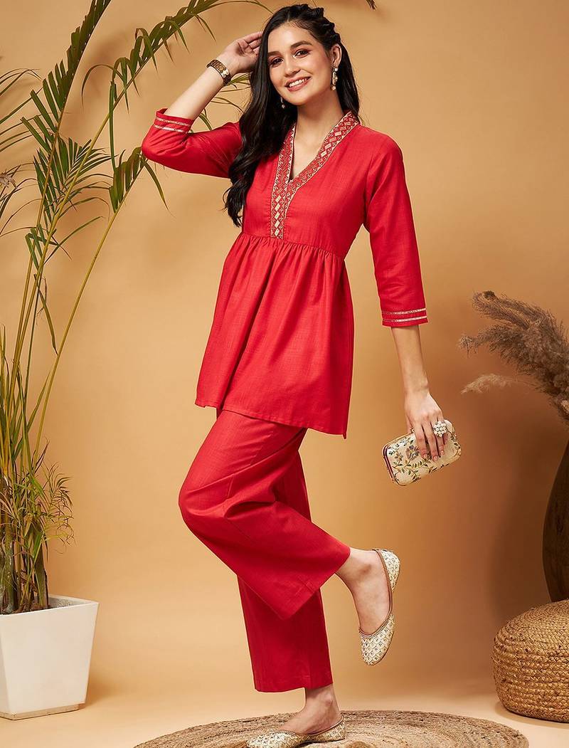 Red Embellished Gathered Tunic With Palazzos