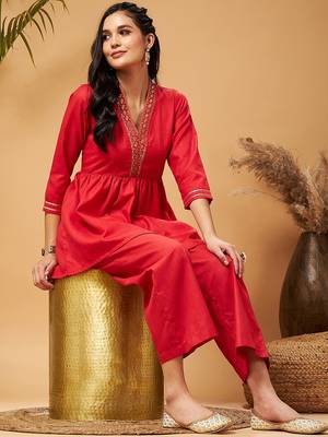 Red Embellished Gathered Tunic With Palazzos 7