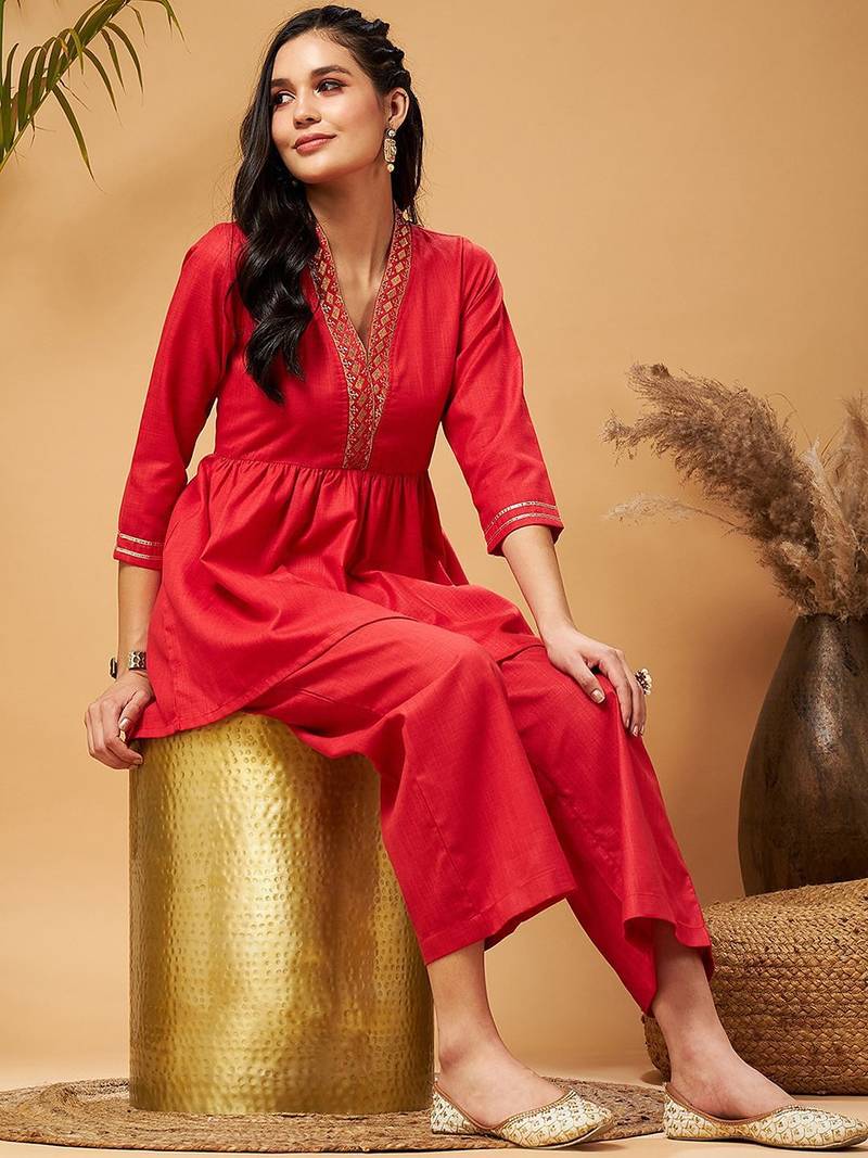 Red Embellished Gathered Tunic With Palazzos