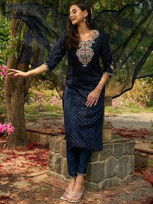 Round Neck Floral Embroidered Straight Kurta with Trouser & Dupatta 2