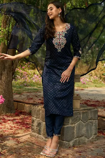 Round Neck Floral Embroidered Straight Kurta with Trouser & Dupatta