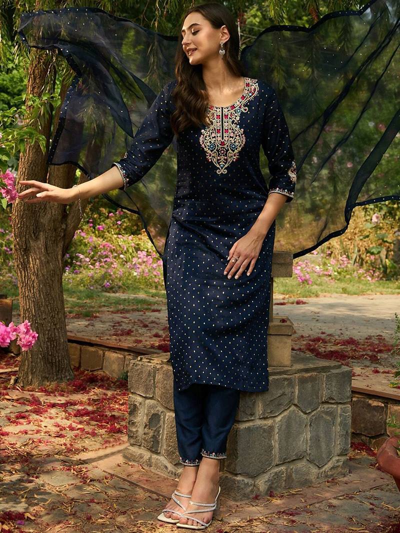 Round Neck Floral Embroidered Straight Kurta with Trouser & Dupatta