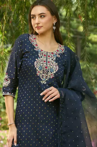 Round Neck Floral Embroidered Straight Kurta with Trouser & Dupatta