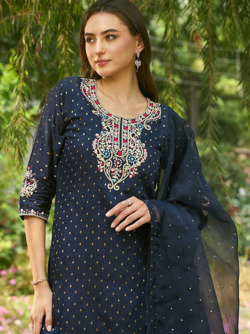 Round Neck Floral Embroidered Straight Kurta with Trouser & Dupatta