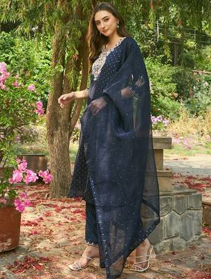 Round Neck Floral Embroidered Straight Kurta with Trouser & Dupatta 1
