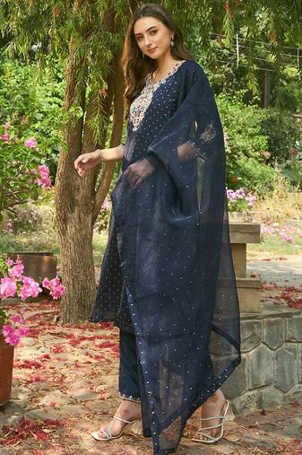 Round Neck Floral Embroidered Straight Kurta with Trouser & Dupatta